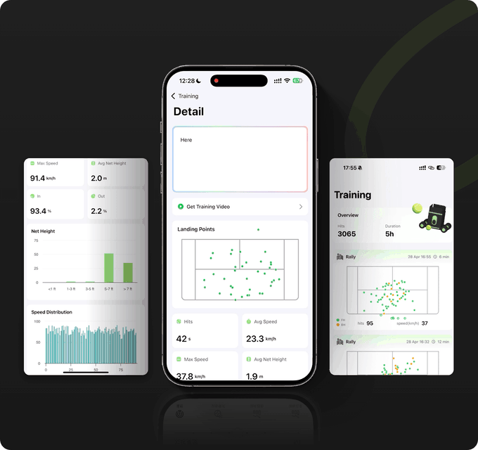 Example AceMate app report showing shot placement and speeds in kilometres per hour, from Kickstarter